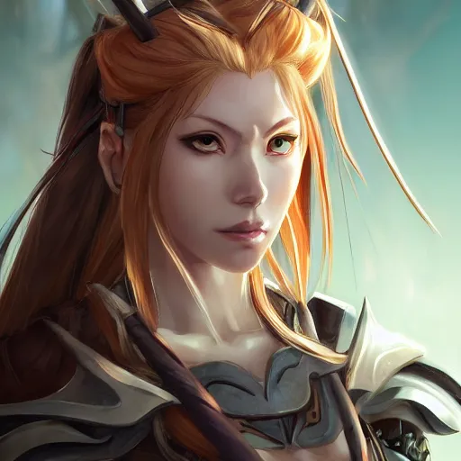 Image similar to A close-up anime portrait of Enji Night as Aela the Huntress from Skyrim, by Stanley Artgerm Lau, WLOP, Rossdraws, James Jean, Andrei Riabovitchev, Marc Simonetti, and Sakimichan, tranding on artstation