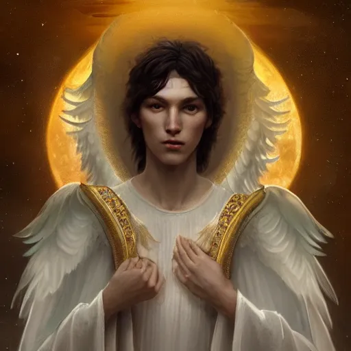 Image similar to A beautiful digital painting of a male Seraphim, king, the moon behind her, intricate, cinematic lighting, highly detailed, digital painting, Artstation, concept art, smooth, sharp focus, illustration, art by Tom Bagshaw, Artgerm and Greg Rutkowski