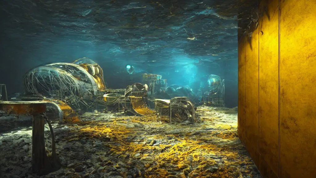 Image similar to a photorealistic dramatic hyperrealistic underwater render of an deep sea habitat, ultra realistic details, glossy yellow, well worn, rust, oil stains designed by vitaly bulgarov and mike nash, beautiful dramatic dark moody tones and lighting, cinematic atmosphere, global illumination, shadows, dark background, octane render, 8 k