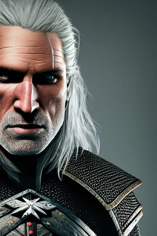 Image similar to portrait of geralt of rivia, 5 5 mm lens, professional photograph, times magazine, serious, stern look