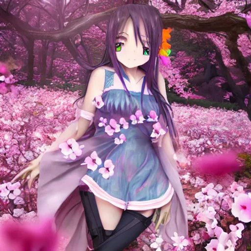 Image similar to 3d rendered anime girl with cherry blossoms as clothing in a flower garden, fantasy art, hyper realistic, detailed, ultra detailed, dynic lighting, fantasy concept art