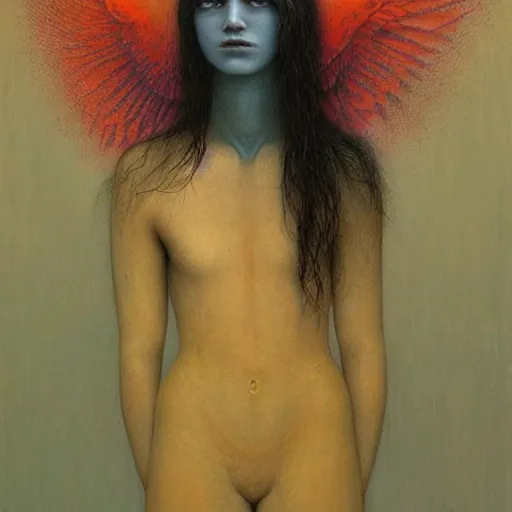 Prompt: young teen female with who is half crow, painting by Beksinski