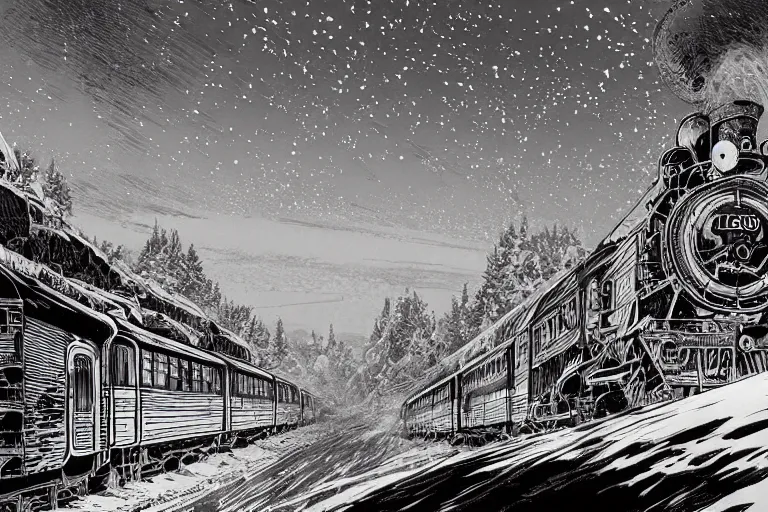 Image similar to trans - siberian express train ultrafine drawing by joe fenton and syd mead and p. craig russell and barry windsor - smith, artstation, 4 k, graphic novel, concept art, matte painting, beautiful russian winter landscape sunset background, golden hour, art nouveau, sharp