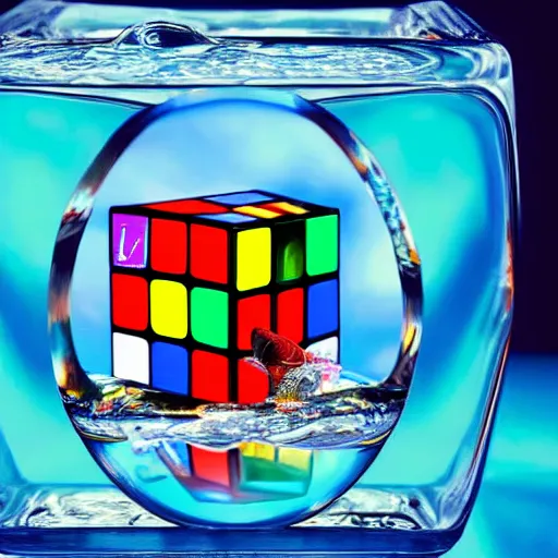 Image similar to A Rubik's Cube floating in a fish bowl, photorealistic, realism, photo, 4k