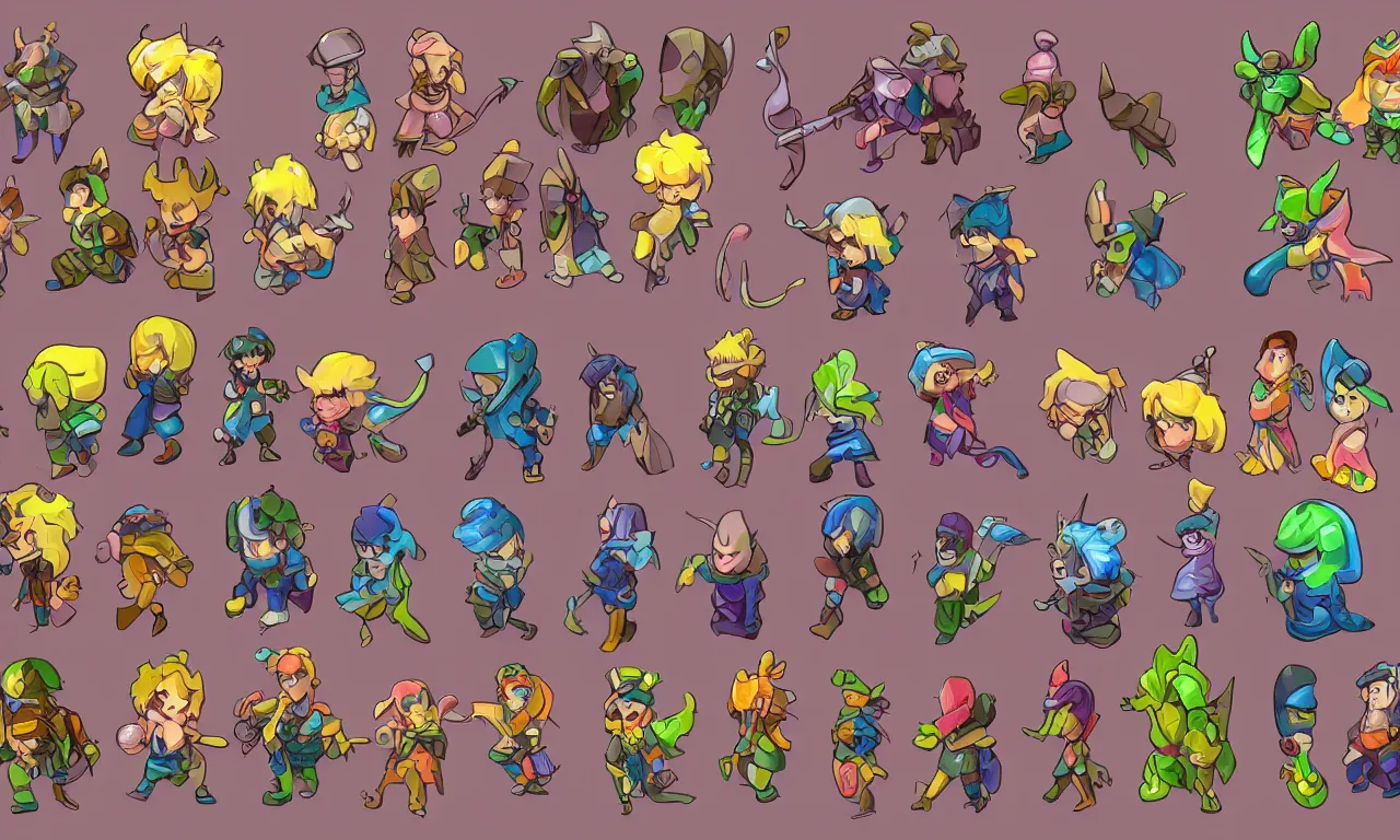 Prompt: game asset sheet, material study, 2 d sprite, chibi actors and non - player character players, rainbow colors muted