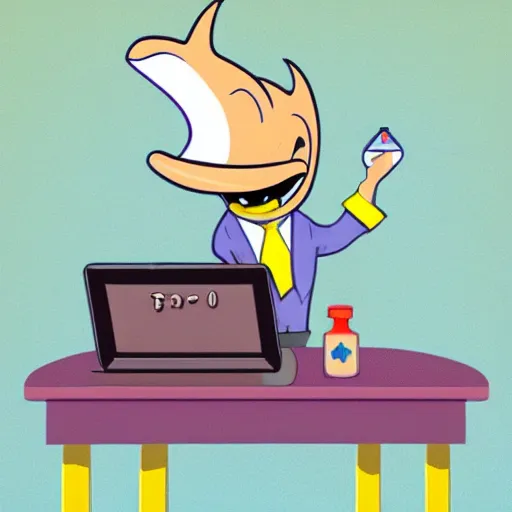 Image similar to An anthropomorphic dolphin dressed as a chemist, playing games on a computer