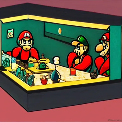 Image similar to nighthawks by hopper, but with super mario characters