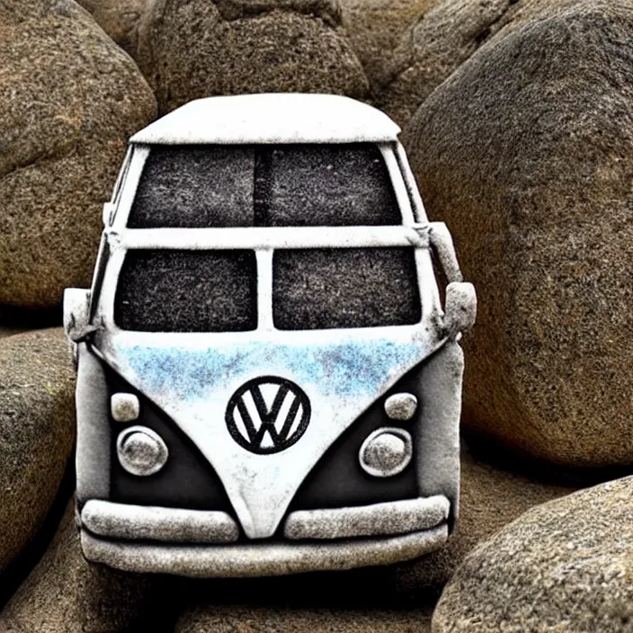 Image similar to ultra - realistic image of an ancient vw bus made of stone