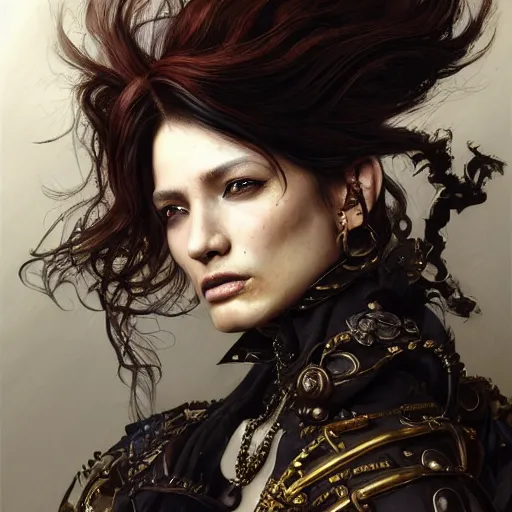 Image similar to portrait, headshot, insanely nice professional hair style, dramatic hair color, digital painting, of a old 17th century, old cyborg merchant, amber jewels, baroque, ornate clothing, scifi, realistic, hyperdetailed, chiaroscuro, concept art, art by Franz Hals and Jon Foster and Ayami Kojima and Amano and Karol Bak,