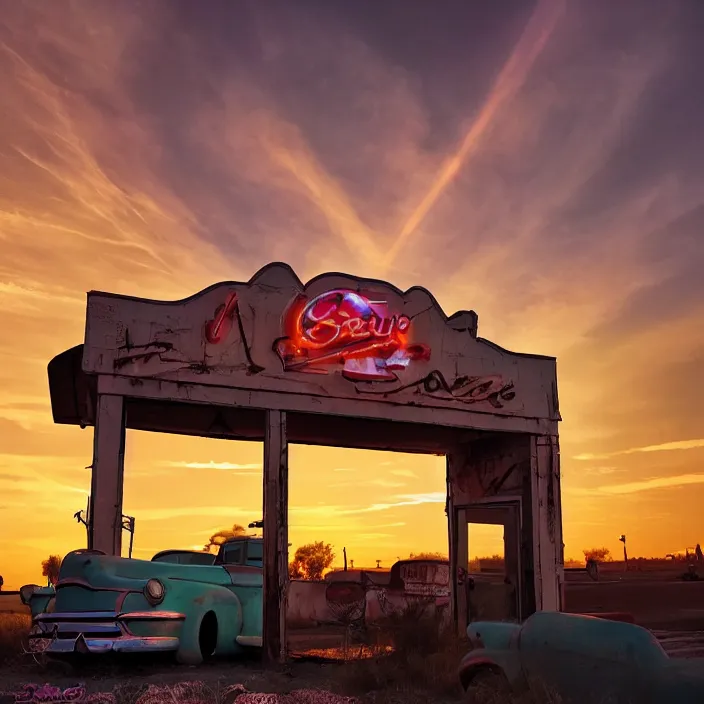 Image similar to a sunset light landscape with historical route 6 6, lots of sparkling details and sun ray ’ s, blinding backlight, smoke, volumetric lighting, colorful, octane, 3 5 mm, abandoned gas station, old rusty pickup - truck, beautiful epic colored reflections, very colorful heavenly, softlight