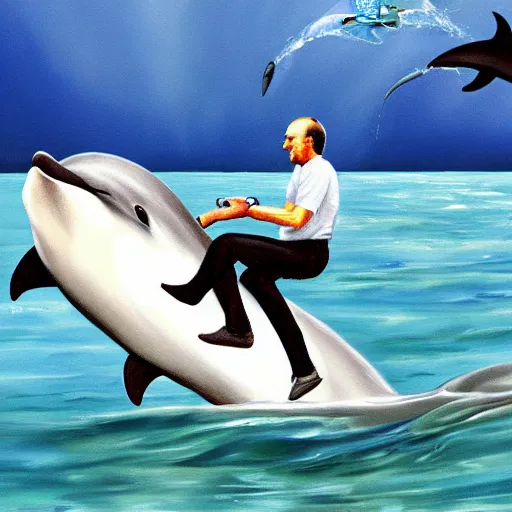 Prompt: steve jobs riding a dolphin, painting