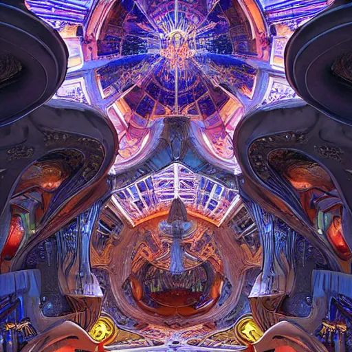 Prompt: photograph cavern mansion crashed spaceship palace weird fantasy art nouveau intricate details sacred by syd mead, benoit mandelbrot, antoni gaudi, moebius, alex grey