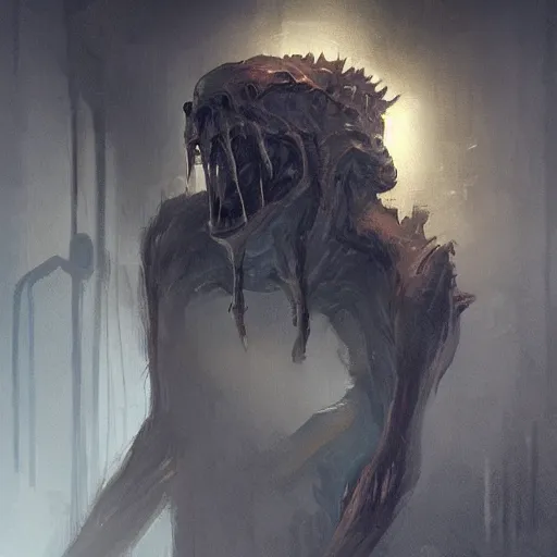 Image similar to concept art by greg rutkowski, creepy monster in a dark dingy basement, highly detailed portrait, digital painting, artstation, concept art, smooth, sharp foccus ilustration, artstation hq