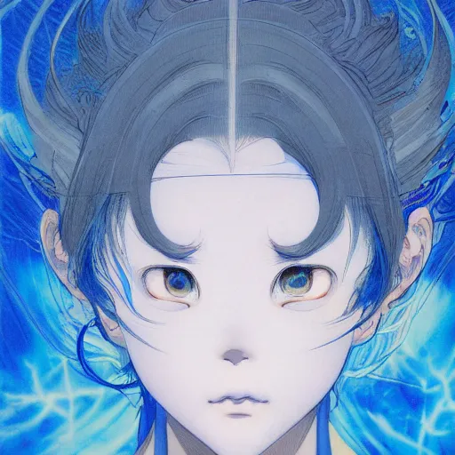 Image similar to prompt : blue portrait soft light painted by james jean and katsuhiro otomo, inspired by evangeleon anime, smooth face feature, intricate oil painting, high detail illustration, sharp high detail, manga and anime 1 9 9 0