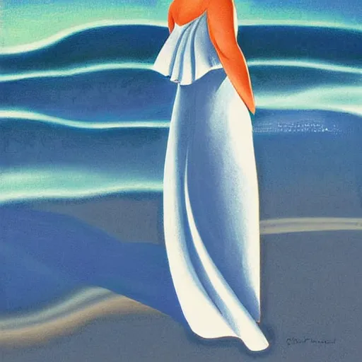Prompt: a woman standing in the sea at the beach. She is wearing a flowing dress in the style of Georgia O'Keeffe. Sunlight is reflecting off the waves. Detailed digital art.