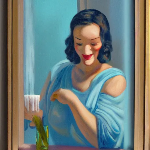 Prompt: oil painting of woman smiling with her eyes closed as she bathes in milk, evening moody lighting from art deco window