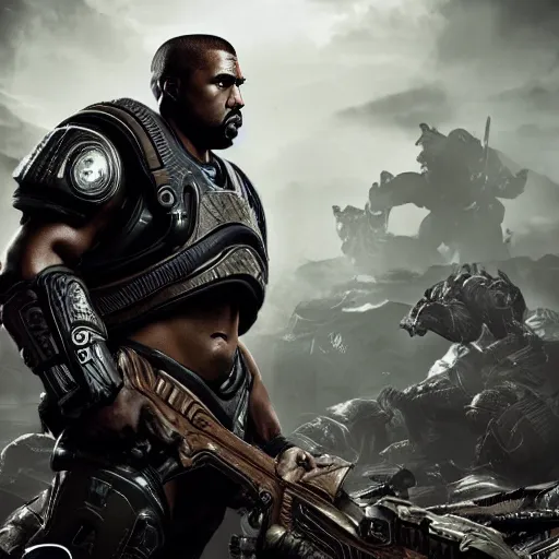 Image similar to kanye west as an centaur in gears of war, splash art, movie still, detailed face, photorealistic facial features, cinematic lighting, dramatic, octane render, long lens, shallow depth of field, bokeh, anamorphic lens flare, 8 k, hyper detailed, 3 5 mm film grain