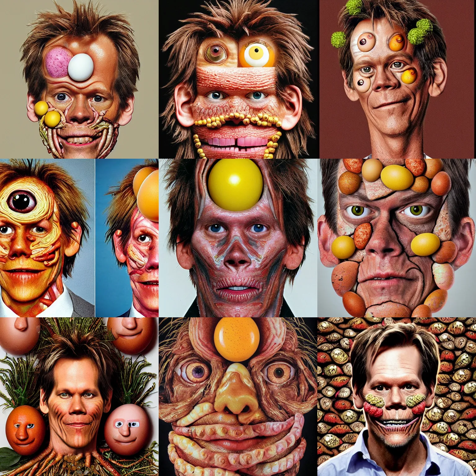 Prompt: a photo of kevin bacon, his face is made of bacon, eyes made of eggs, by arcimboldo