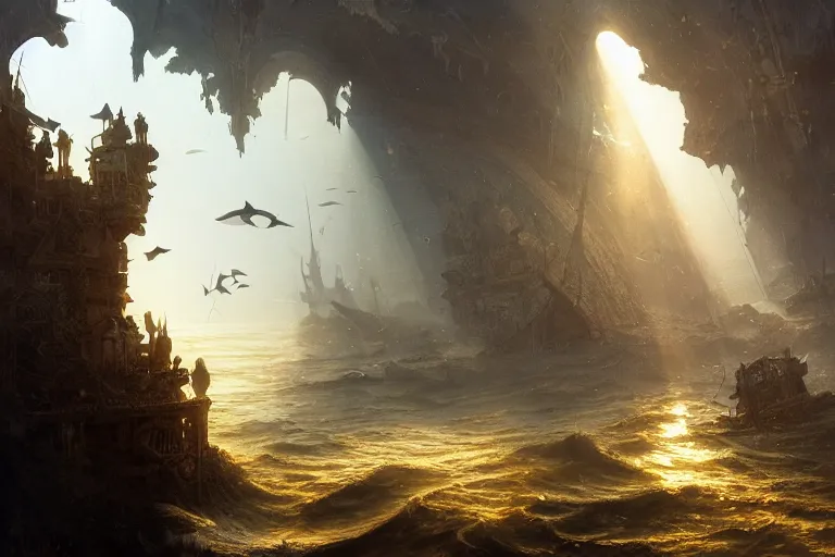 Prompt: a scenic view of the lost and abandoned city of Atlantic under water, ray of sunlight, whale fall, fish flocks, Greg Rutkowski, Moebius, Mohrbacher, Mucha, blue and gold color scheme, ultra wide angle, light effect