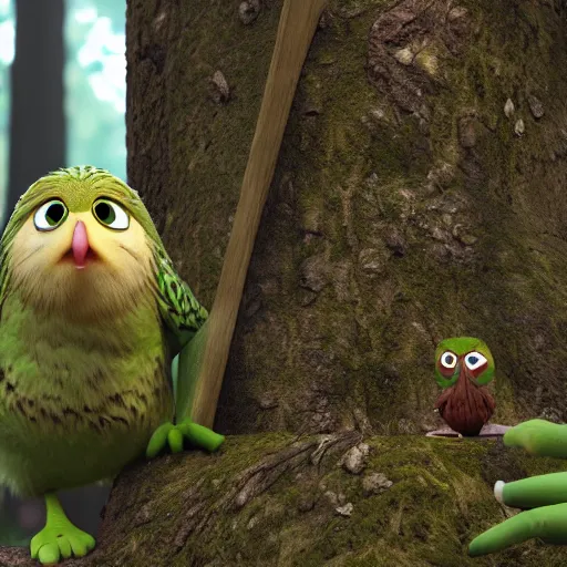 Prompt: still from a Pixar movie of a Kakapo in the forest, Pixar Renderman render, 4k, artstation, PBR materials