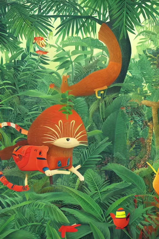 Prompt: rare bird in the jungle, hyper detailed, unreal engine render concept art, style of henri rousseau and richard scarry and hiroshi yoshida