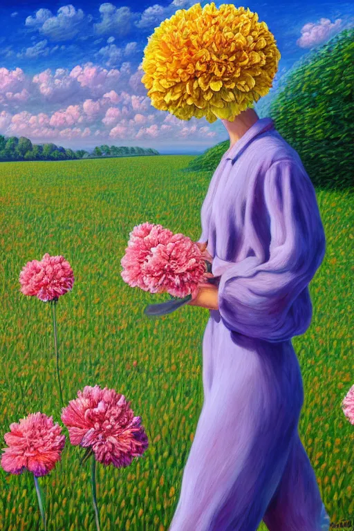 Prompt: closeup, giant carnation flower head, woman walking, surreal, clouds in sky, impressionist painting, digital painting, artstation, rob gonsalves