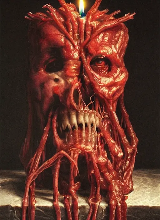 Image similar to demonic birthday cake with translucent skin, visible muscles and veins and arteries and bones and spines and nerves, beautiful detailed intricate insanely detailed octane render, 8k artistic photography, photorealistic, chiaroscuro, by David Cronenberg, Raphael, Caravaggio