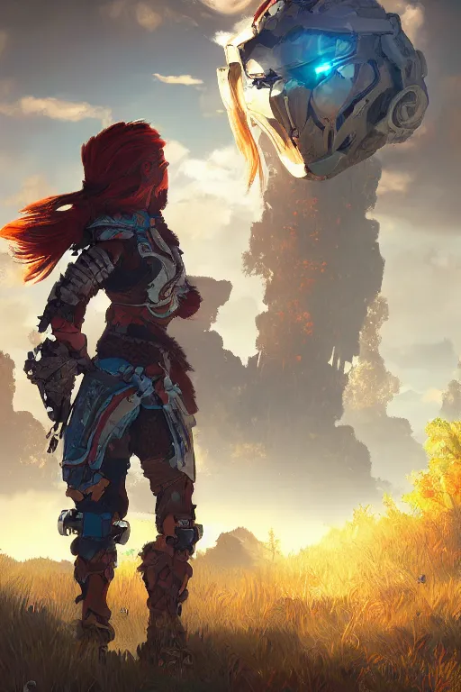 Image similar to combination suit armor aloy horizon forbidden west horizon zero dawn radiating a glowing aura global illumination ray tracing hdr fanart arstation by ian pesty and alena aenami artworks in 4 k tribal robot ninja mask helmet backpack