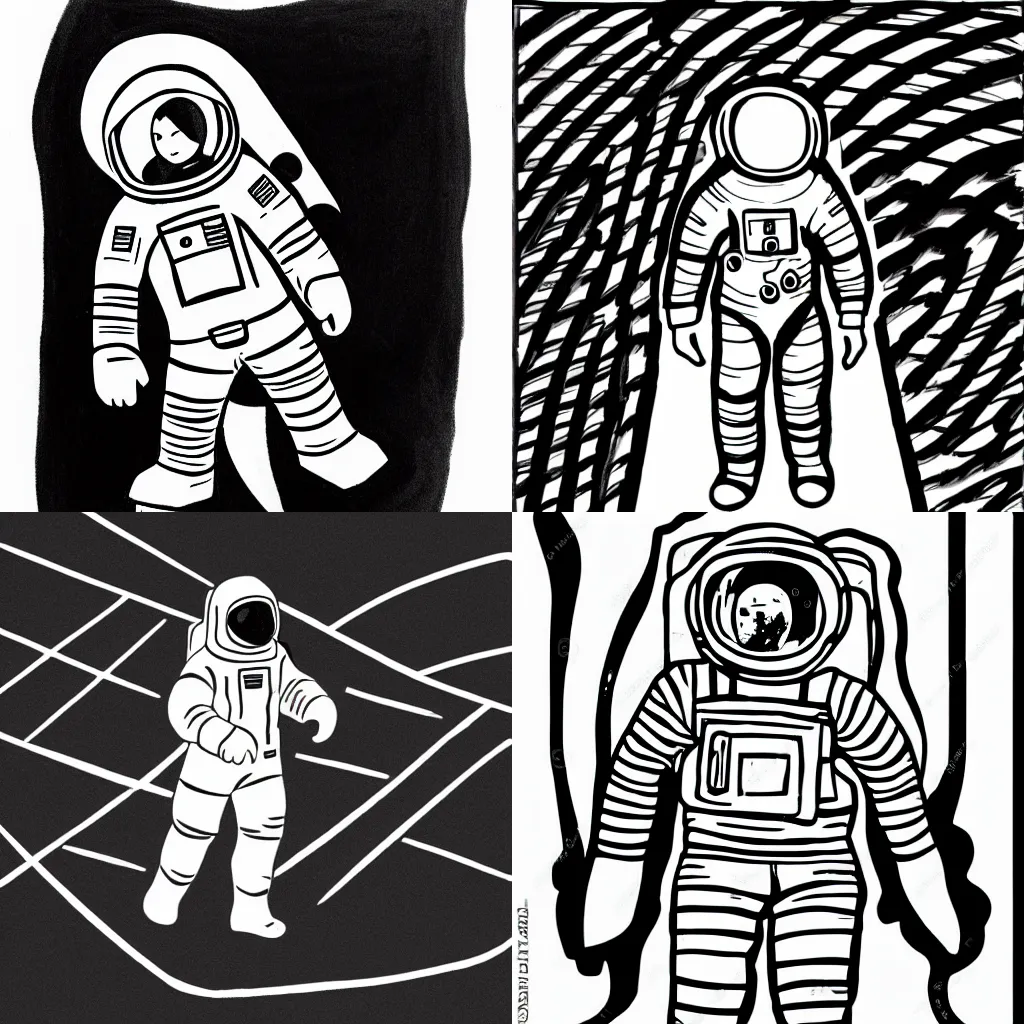 Prompt: a black marker drawing on white background of astronaut walking in the middle of the streets, symetrical