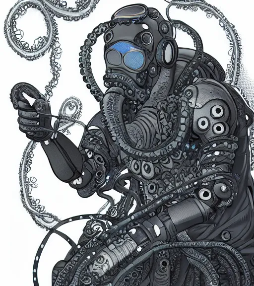 Image similar to a cybernetic octopus in an underwater garden, techwear, marine biologist fieldwork, detailed illustration, character portrait