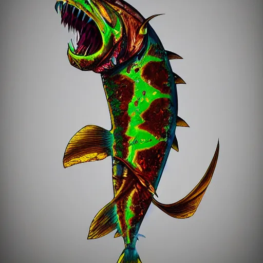 Image similar to zombified tribal mahi mahi full body profile, trending on artstation, ultra fine detailed, hyper detailed, hd, concept art, digital painting