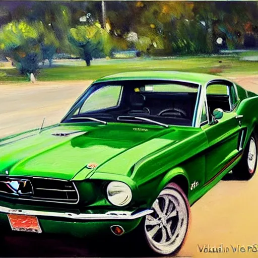 Image similar to green 1967 Ford Mustang GT, painting by Vladimir Volegov