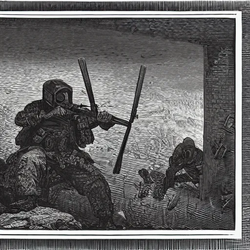 Image similar to A scene from Counter Strike, wood engraving, by Gustave Dore