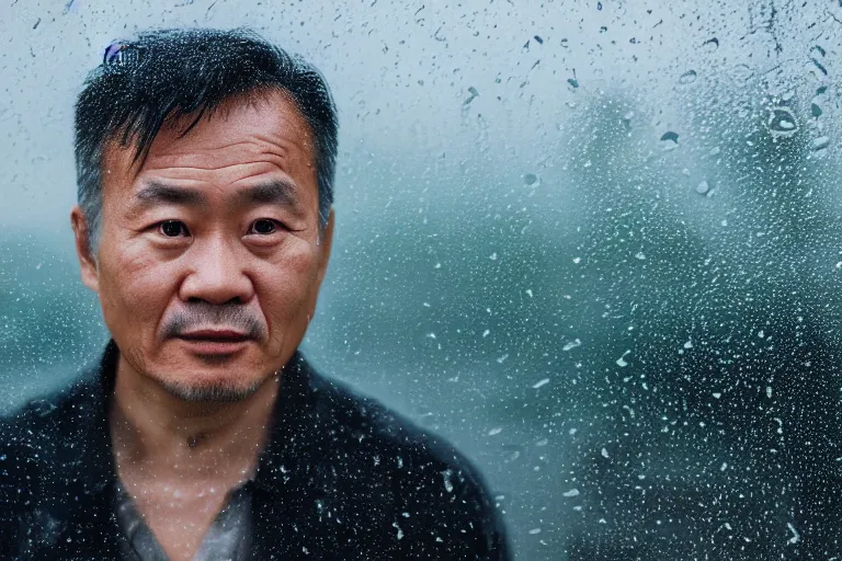 Image similar to a cinematic headshot portrait of a middle aged asian man, through a steamed up window, movie still, ocean background, waves, rain, dramatic lighting, back light, hair light, rim light, 4 k, ultra realistic