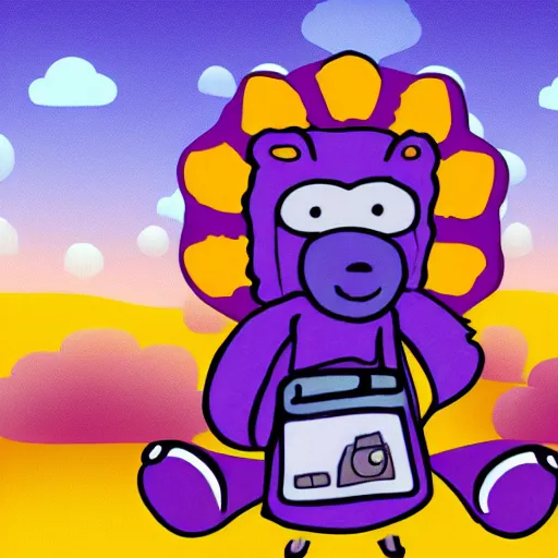 Image similar to cartoon bear wearing clothes being launched out of a futuristic machine into a purple and orange cloud land