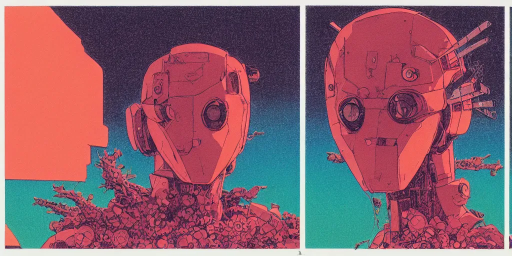 Image similar to risograph grainy drawing vintage sci - fi, satoshi kon color palette, gigantic gundam full - body covered in dead coral reef, 1 9 8 0, kodachrome, natural colors, comicbook spreadsheet, codex seraphinianus painting by moebius and satoshi kon and dirk dzimirsky close - up portrait