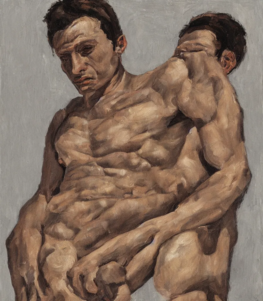 Prompt: portrait of a young man without shirt in the style of lucian freud. his face has many wrinkles, cuts and character. he is looking down. oil painting, thick brush strokes. shadows. clean gray brown background. hard light from top. perspective from below. 5 0 mm