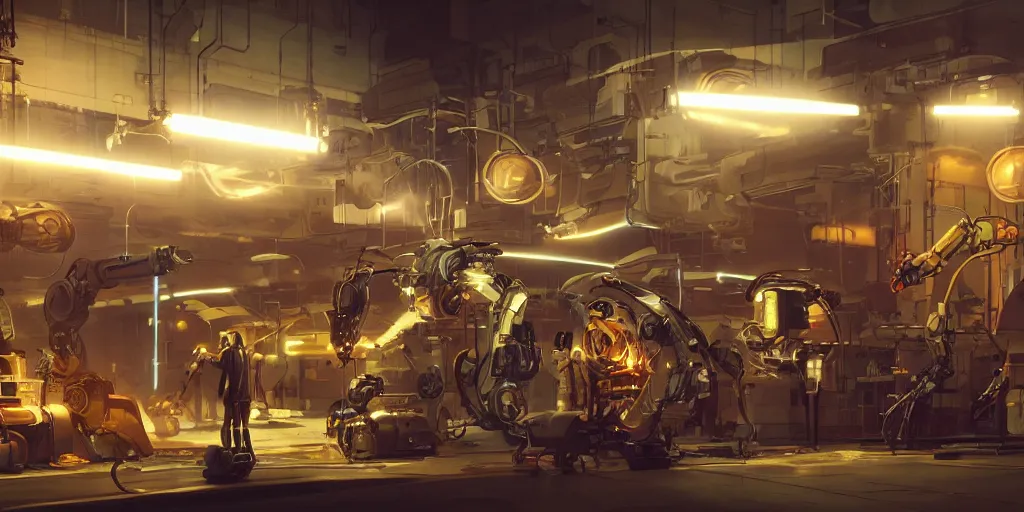 Image similar to concept art, retro - futurist robot repair workshop, neon glow, volumetric lighting, strong shadows, soft reflections, glowing robot motifs, octane render, curves, syd mead, akihiko yoshida, cinematic