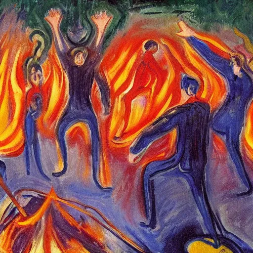 Image similar to insane dances around the campfire, oil painting expressionism edvard munch