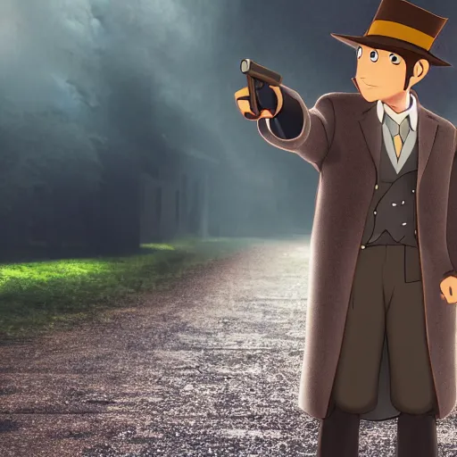 Image similar to professor layton as a real person holding a gun, 4k photograph, extreme low angle, longshot, fast shutter speed, backlighting, in the style of james bind