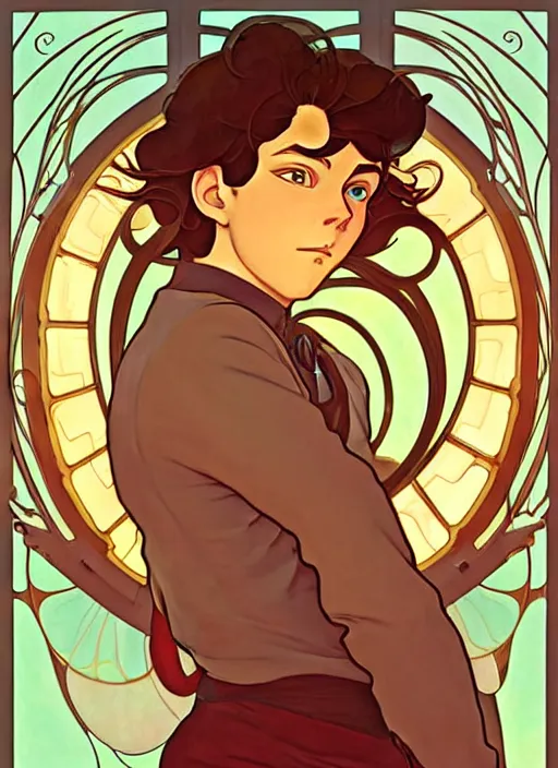 Image similar to art nouveau portrait of catboy, natural lighting, path traced, highly detailed, high quality, cartoon, digital painting, by don bluth and ross tran and studio ghibli and alphonse mucha