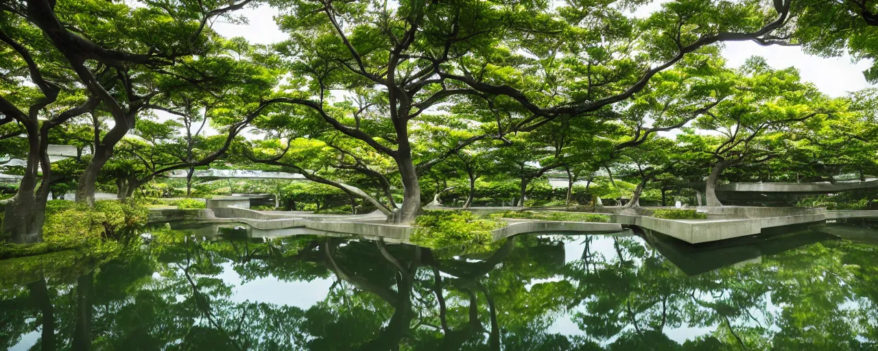 Image similar to The Oval at Benesse Art Museum Naoshima, Japan, built by Tadao Ando, brutalist architecture, pond in the center, overgrown with foliage, kodachrome, 35mm