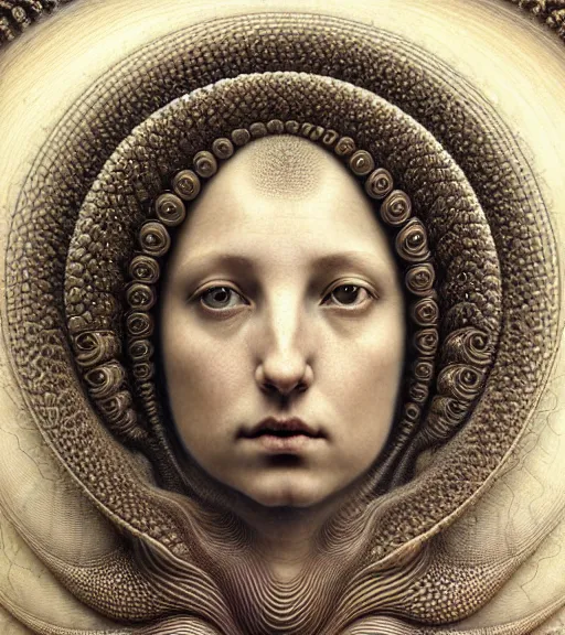 Prompt: detailed realistic beautiful snail goddess face portrait by jean delville, gustave dore, iris van herpen and marco mazzoni, art forms of nature by ernst haeckel, art nouveau, symbolist, visionary, gothic, neo - gothic, pre - raphaelite, fractal lace, intricate alien botanicals, ai biodiversity, surreality, hyperdetailed ultrasharp octane render