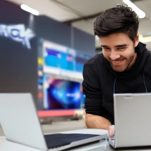 Prompt: hacker buying a laptop in electronics store
