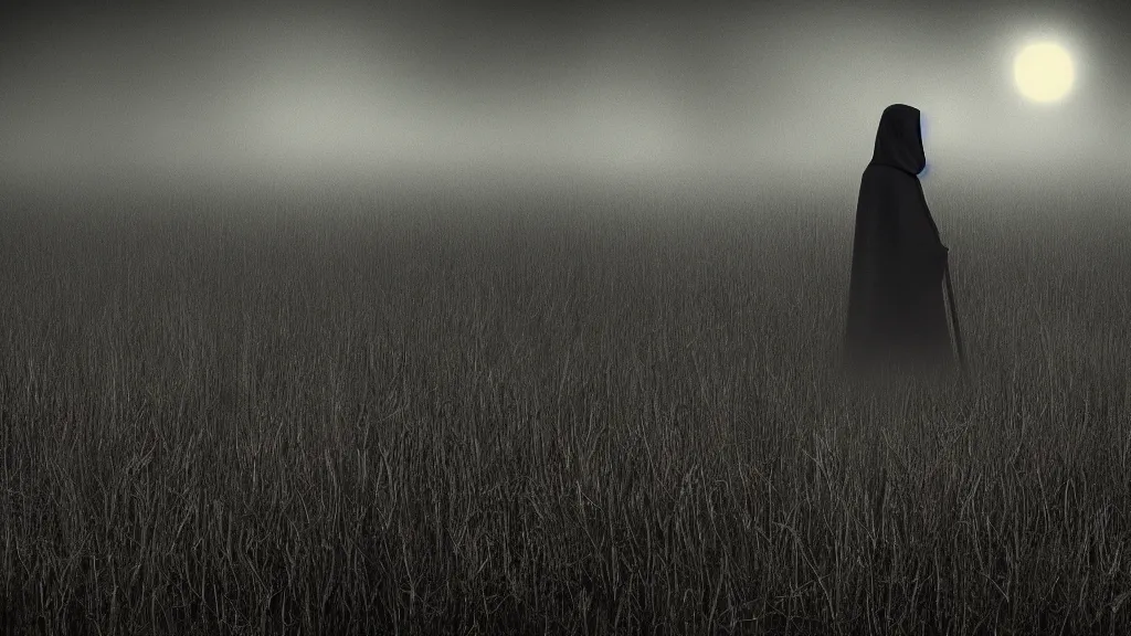 Image similar to grim reaper in a field of skulls, dark, night, foggy, scary, eerie, digital art.