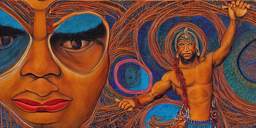 Image similar to an abstract spiritual background, a polynesian greek god dancing, clear eyes. 2 4 mm, photorealistic, muted color scheme, directed by mati klarwein