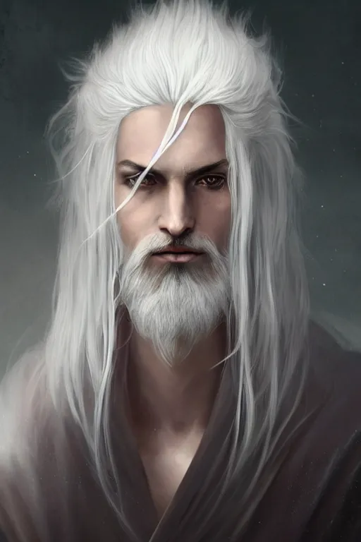 Image similar to white haired robe fu xi full male front body portrait, distant view, very long white beard and hair, long hair shawl, fine kindness delicate prefect face features gaze, piercing eye, elegant, style of tom bagshaw, cedric peyravernay, peter mohrbacher, victo nga, 4 k hd illustrative wallpaper, animation style, chinese style