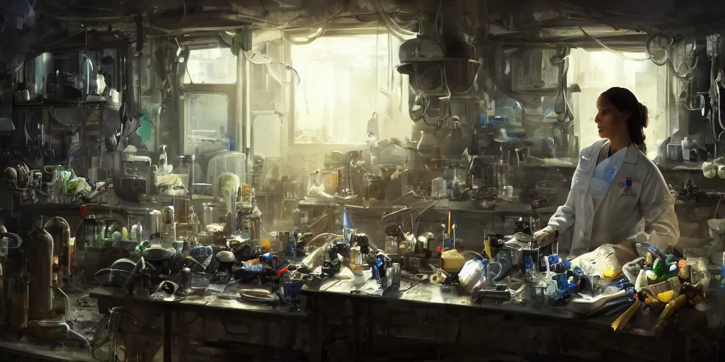 Image similar to an environmental concept art of a female scientist building an android in a cluttered workshop, highly detailed, cinematic, dramatic lighting, close shot, rule of thirds by francis tneh
