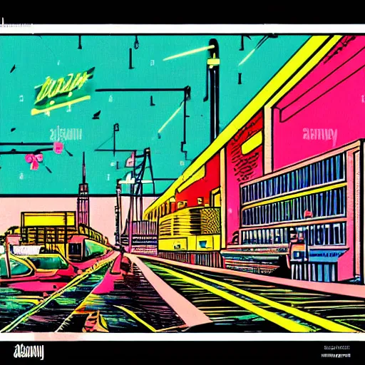 Image similar to vintage colored detailed illustration of technology and business, neon colors