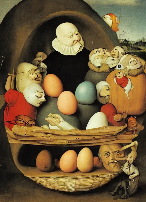 Prompt: carton of eggs with silly round humpty dumpty jack black facial expressions, realistic, by hieronymus bosch and pieter brueghel